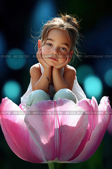 A young girl is sitting on top of a pink flower. Стоковое AI-изображение, AI-художник Ярославский Максим / Фотобанк Лори