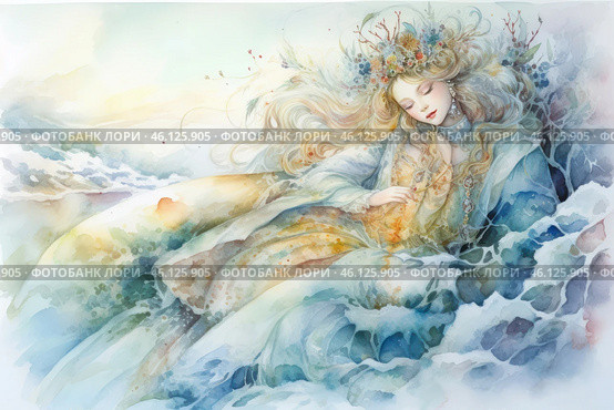 A young girl lying on the clouds or in the cloud element. She is wearing a long light dress decorated with an ornament, her hair is fluttering, and on her head she has a wreath of flowers and branches. Her face is calm, with her eyes closed, creating an atmosphere of calm and solitude. Around her are soft watery shades of water and clouds, creating a feeling of lightness and dreaminess. Стоковое AI-изображение, AI-художник Анна Кривицкая / Фотобанк Лори