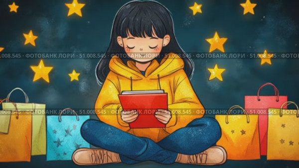 A young girl sits cross-legged in a warm yellow hoodie, reading happily as vibrant shopping bags surround her under sparkling stars. Стоковое AI-видео, аниматор Данила Большаков / Фотобанк Лори