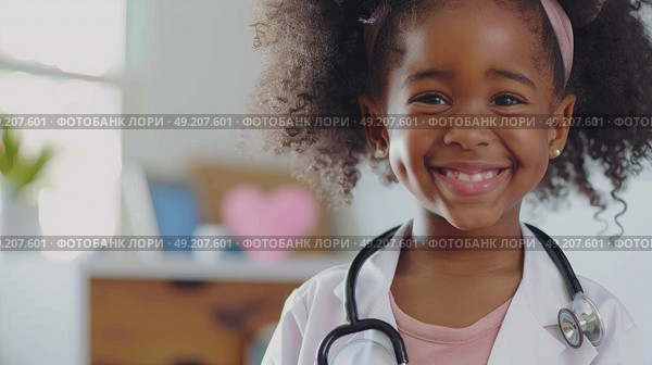 A young girl wearing a stethoscope on her head, playfully mimicking a healthcare professional. Стоковое AI-изображение, AI-художник Данила Большаков / Фотобанк Лори