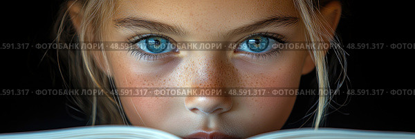A young girl with bright blue eyes focuses on a book, demonstrating her deep concentration and eagerness to learn in a serene setting. Стоковое AI-изображение, AI-художник Данила Большаков / Фотобанк Лори