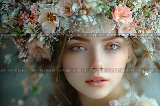 A young girl with delicate facial features, large expressive eyes and natural makeup. Her hair is decorated with a lush wreath of flowers in pastel shades, among which you can see roses, gypsophila and green leaves. The floral arrangement includes lace, adding a vintage and romantic style. The light background with a blurred effect creates an atmosphere of lightness and tenderness. The image conveys a spring mood, femininity and natural harmony. Стоковое AI-изображение, AI-художник Анна Кривицкая / Фотобанк Лори