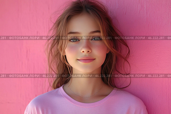 A young girl with natural beauty standing against a bright pink wall. She is wearing a simple pink T-shirt that matches the background color. Her skin is fair, with a slight blush and freckles, and her lips are slightly pink. The girl has expressive blue eyes, slightly tousled chestnut-colored hair, and a relaxed, friendly expression. The photo conveys an atmosphere of youth, freshness, and lightness. Стоковое AI-изображение, AI-художник Анна Кривицкая / Фотобанк Лори