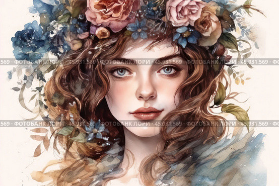 A young girl with soft facial features, a delicate blush and a deep, expressive look. Her eyes are light blue, with a slight shine, which adds mystery and sophistication to the image. The girl's hair is wavy, a warm chestnut shade, softly framing her face, falling in loose strands.Particular attention is drawn to the wreath on her head, consisting of large roses, lush blue and small wildflowers, complemented by green foliage. The wreath harmoniously matches her natural and feminine image, emphasizing natural beauty and romance. The color scheme of the image is made in delicate watercolor tones: blue, pink, green and beige, which creates a light, airy atmosphere. The background is slightly blurred, with plant motifs that give the composition completeness and harmony. Стоковое AI-изображение, AI-художник Анна Кривицкая / Фотобанк Лори