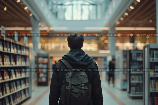A young man explores the vast collection of books inside a modern library on a quiet afternoon. Стоковое AI-изображение, AI-художник Sergey Grishin / Фотобанк Лори