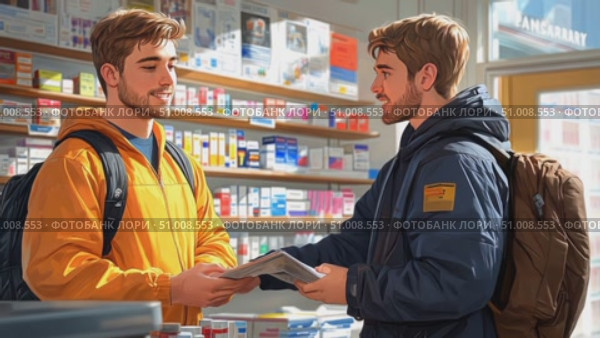 A young man in an orange jacket seeks assistance in a pharmacy while another browses shelves filled with medicine in a bustling environment. Стоковое AI-видео, аниматор Данила Большаков / Фотобанк Лори