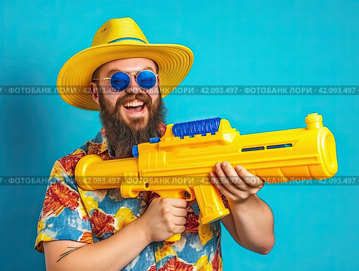 A young man with a beard, sunglasses and a water pistol is smiling, rejoicing at the upcoming vacation. The concept of summer holidays. Стоковое AI-изображение, AI-художник Ярославский Максим / Фотобанк Лори