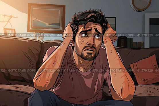 A young man with a puzzled look put his head in his hands and thought. The occurrence of the problem. Generated by AI. Стоковое AI-изображение, AI-художник Ярославский Максим / Фотобанк Лори