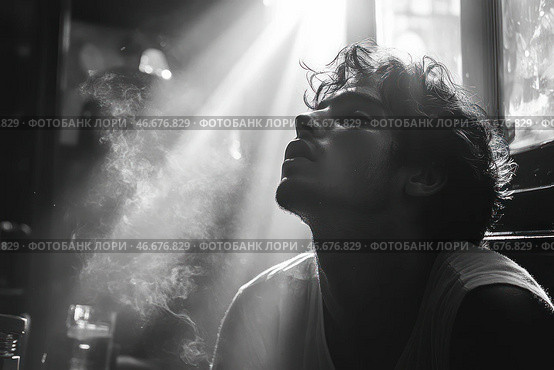 A young man with disheveled hair sitting in a darkened room. He has his head thrown back, and the rays of light coming through the window effectively illuminate his face and create expressive shadows. Light smoke or steam is visible in the air, giving the scene an atmosphere of deep thoughtfulness and mystery. The photo is made in black and white, which enhances its emotionality and drama. Стоковое AI-изображение, AI-художник Анна Кривицкая / Фотобанк Лори