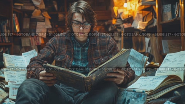 A young scholar sits cross-legged, deeply engaged with an ancient book, surrounded by scattered manuscripts and notes in a dimly lit library. Стоковое AI-видео, аниматор Данила Большаков / Фотобанк Лори
