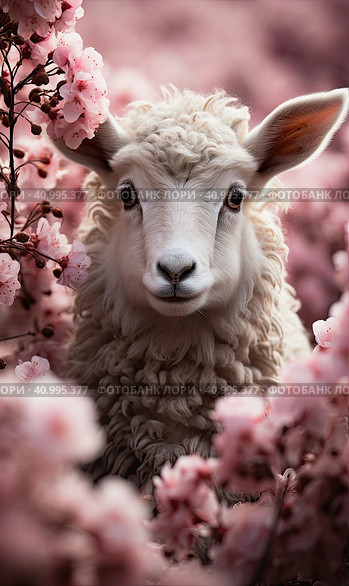 A young sheep in pink flowers. Стоковое AI-изображение, AI-художник Ярославский Максим / Фотобанк Лори