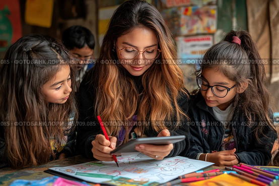 A young teacher shows children how to use pencils when drawing with a tablet. The concept of preschool education. Стоковое AI-изображение, AI-художник Ярославский Максим / Фотобанк Лори