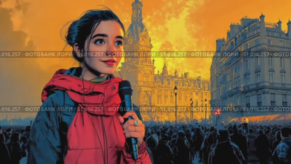 A young woman holds a microphone while engaging with a lively crowd in Paris, illuminated by a striking sunset during a community celebration. Стоковое AI-видео, аниматор Данила Большаков / Фотобанк Лори