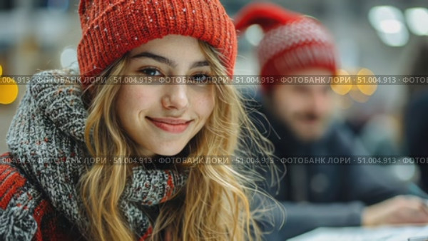 A young woman smiles as she engages in a creative activity indoors, while wearing a cozy red hat and surrounded by festive winter decor. Стоковое AI-видео, аниматор Данила Большаков / Фотобанк Лори