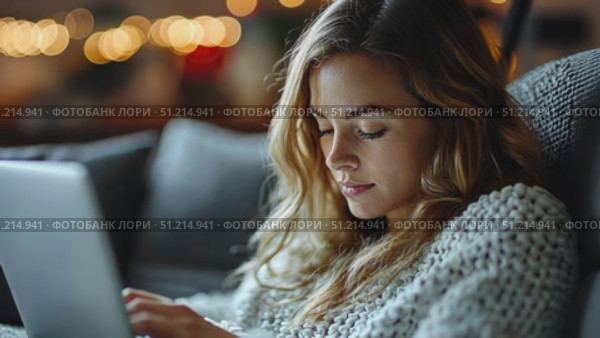 A young woman types quietly on her laptop, engrossed in her work while sitting comfortably on a sofa under soft ambient lights in the evening. Стоковое AI-видео, аниматор Данила Большаков / Фотобанк Лори