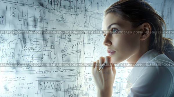 A young woman, wearing a white shirt, is intensely focused on a complex engineering diagram drawn on a whiteboard. The diagram is filled with intricate lines, shapes, and annotations. Стоковое AI-изображение, AI-художник Данила Большаков / Фотобанк Лори