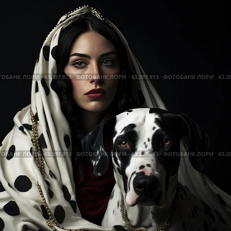 A young woman with dark hair and expressive green eyes. She is dressed in a cream robe with black polka dots, which evokes a retro style. A scarf decorated with pearl beads is thrown over her shoulders. The woman has a serious expression and lightly painted red lips, which gives her image sophistication and severity. In the foreground is a black and white Dalmatian dog, also adorned with a pearl necklace. The dark background enhances the contrast between the white and black elements of the dog's clothing and fur, creating a dramatic atmosphere. Стоковое AI-изображение, AI-художник Анна Кривицкая / Фотобанк Лори