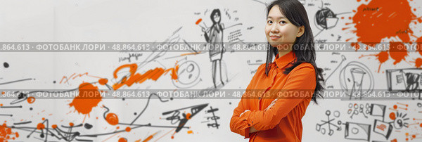 A young woman with dark hair stands in front of a whiteboard covered with sketches, scribbles, and orange paint splatters. Стоковое AI-изображение, AI-художник Данила Большаков / Фотобанк Лори