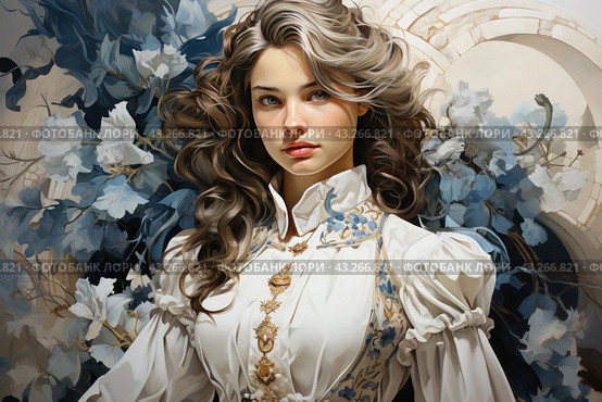 A young woman with long curly hair, dressed in an elegant white dress with rich gold and blue ornaments. In the background there are large flowers of blue and white, which give the picture sophistication and sophistication. The woman looks confident and calm, her gaze is directed directly at the viewer, which creates a feeling of interaction and involvement. Light colors and delicate tones emphasize her beauty and femininity. This image is ideal for use in fashion magazines, cosmetics advertising, and artistic and literary projects related to beauty and elegance. Стоковое AI-изображение, AI-художник Анна Кривицкая / Фотобанк Лори