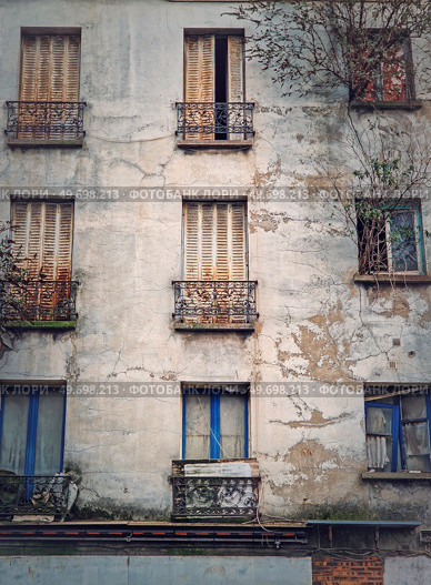 Abandoned building facade. Trees and bushes growing out of windows, rusted louvers and cracked concrete walls. Стоковое фото, агентство Ingram Publishing / Фотобанк Лори