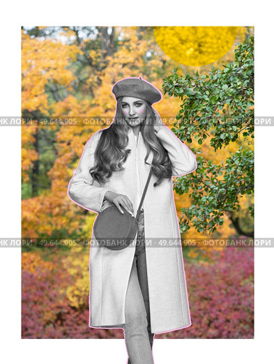 Abstract art collage of young woman in white coat. Autumn concept fashion art design in a modern style. Стоковое фото, агентство Ingram Publishing / Фотобанк Лори