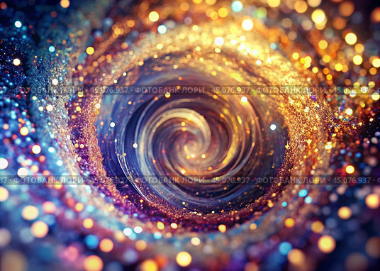 Abstract background. A bright colorful swirl of sequins and bokeh, reminiscent of a galaxy in deep space. Стоковое AI-изображение, AI-художник Photojuli / Фотобанк Лори