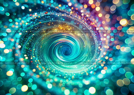 Abstract background. A bright colorful swirl of sequins and bokeh, reminiscent of a galaxy in deep space. Стоковое AI-изображение, AI-художник Photojuli / Фотобанк Лори