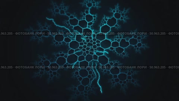 Abstract blue fractal snowflake pattern with hexagonal cells on dark background. Стоковое AI-видео, аниматор Екатерина Усенко / Фотобанк Лори