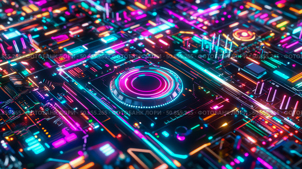 Abstract Circuit Board Illustration with Glowing Neon Lines for Technology Concept. Стоковое AI-изображение, AI-художник Данила Большаков / Фотобанк Лори
