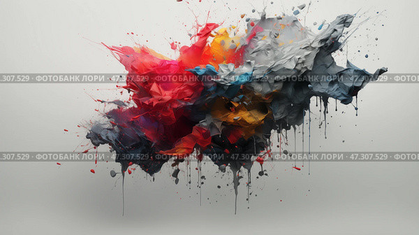 Abstract colorful explosion of paint in artistic composition. На нейтральном фоне яркая цветовая гамма, брызги и капли красок красного, желтого, синего и серого цветов. Абстрактное произведение искусства завораживает зрителей своими динамичными формами. Стоковое AI-изображение, AI-художник Katsiaryna Repich / Фотобанк Лори