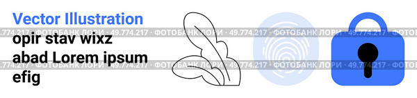 Abstract designs with a fingerprint, lock, and leaves in blue and black. Ideal for topics like online security, data protection, privacy, secure access, and digital authentication. Landing page. Online Security and Data Protection Concepts with Fingerprint and Lock Icons in Blue. Стоковая иллюстрация, агентство Ingram Publishing / Фотобанк Лори