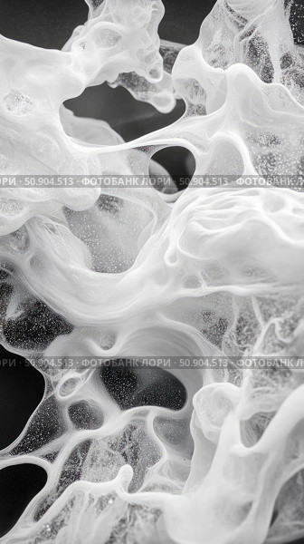 Abstract fluidity: Flowing white translucent shapes with glittering speckles against a dark void backdrop. Стоковое AI-изображение, AI-художник Данила Большаков / Фотобанк Лори