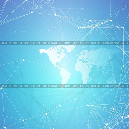 Abstract futuristic background with connecting lines and dots, polygonal linear texture. World map on blue. Global network connections, geometric design, technology digital concept.. Abstract futuristic background with connecting lines and dots, polygonal linear texture. World map on blue. Global network connections, geometric design, technology digital concept. Стоковая иллюстрация, агентство Ingram Publishing / Фотобанк Лори