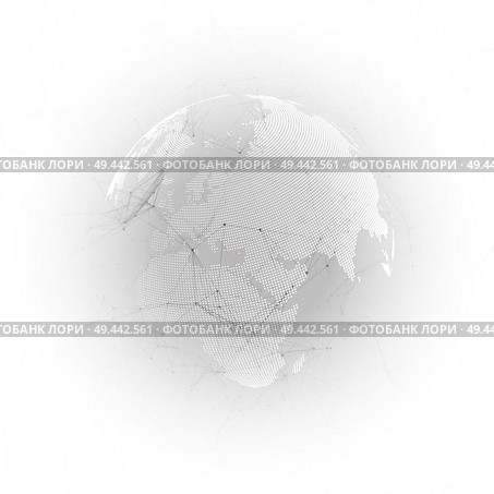 Abstract futuristic background with connecting lines and dots, polygonal linear texture. World globe on gray. Global network connections, geometric design, technology digital concept. Abstract futuristic background with connecting lines and dots, polygonal linear texture. World globe on gray. Global network connections, geometric design, technology digital concept. Стоковая иллюстрация, агентство Ingram Publishing / Фотобанк Лори
