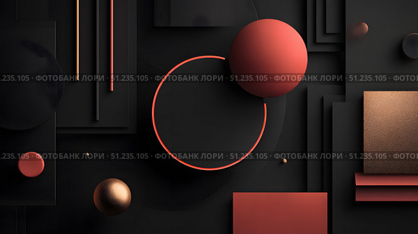 Abstract geometric shapes in red and gold on black background, modern style.. Стоковое AI-изображение, AI-художник Александра Рублева / Фотобанк Лори