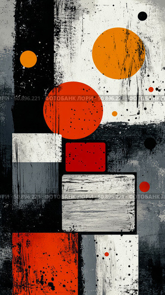 Abstract Grunge Geometric Art Composition with distressed paint elements, bold circles, and rectangular shapes in black, white, red, and orange, suitable for modern decor or graphic print. Стоковое AI-изображение, AI-художник Данила Большаков / Фотобанк Лори