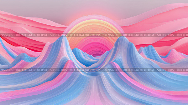 Abstract layered landscape with colorful undulating formations and a vibrant sunrise, ideal for modern wallpaper or digital media art. Стоковое AI-изображение, AI-художник Данила Большаков / Фотобанк Лори