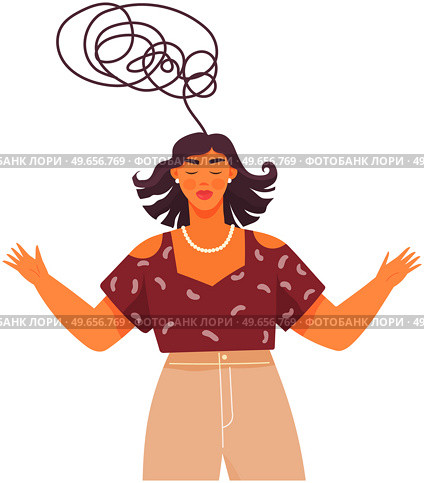 Abstract metaphor of problem solving or difficult situation. Woman sitting with tangled ball of thoughts in her head. Girl with chaos, mess in head is thinking. Psychotype, mental mindset type concept. Abstract metaphor of problem solving or difficult situation. Psychotype, mental mindset type concept. Стоковая иллюстрация, агентство Ingram Publishing / Фотобанк Лори