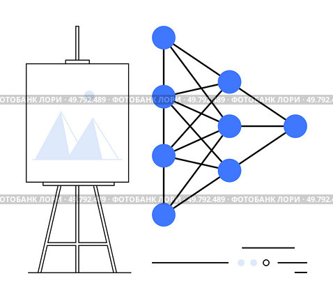 Abstract network model with connected blue nodes alongside an easel board with simple mountain drawing. Ideal for AI, tech presentations, data visualization, machine learning, education, innovation. Abstract network model with connected blue nodes and an easel board featuring mountain drawing. Стоковая иллюстрация, агентство Ingram Publishing / Фотобанк Лори