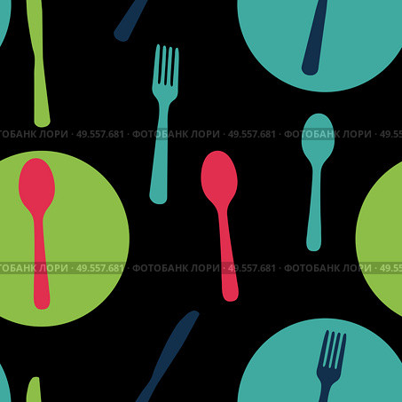 Abstract Seamless Pattern with tableware forks spoons and knives. Vector Illustration EPS10. Abstract Seamless Pattern with tableware forks spoons and knives. Vector Illustration. Стоковая иллюстрация, агентство Ingram Publishing / Фотобанк Лори