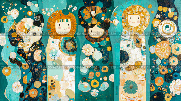 Abstract Teal and Gold Figurative Artwork: Four Smiling Figures in a Whimsical Floral Setting. Стоковое AI-изображение, AI-художник Данила Большаков / Фотобанк Лори
