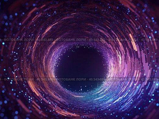 Abstract tunnel with bright beautiful blue and purple glowing energy magic waves and lines of small digital particles. The illustration was created by AI. Стоковое AI-изображение, AI-художник Ярославский Максим / Фотобанк Лори