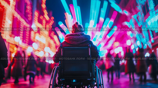 Accessibility at Holiday Time: Celebrating Festivity with a Woman in Wheelchair enjoying Bright Colorful Light during Christmas Celebration. Стоковое AI-изображение, AI-художник Данила Большаков / Фотобанк Лори