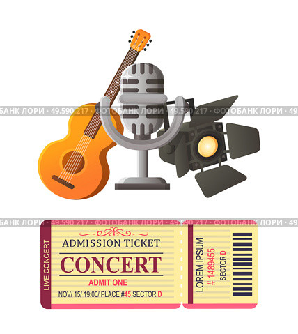 Acoustic guitar musical instrument and mike vector, ticket for concert and light for scene, piece of paper for entrance and microphone prize award. Ticket for Concert Admission, Mike and Guitar. Стоковая иллюстрация, агентство Ingram Publishing / Фотобанк Лори
