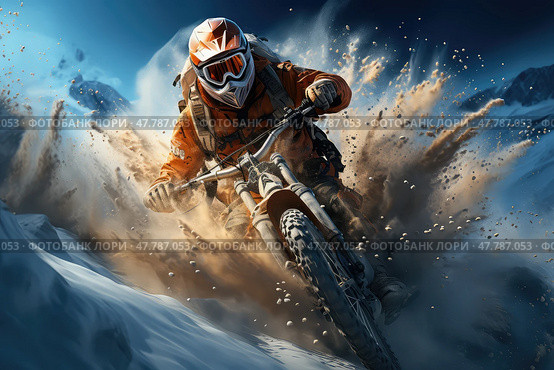Active man confidently maneuvers his dirt bike on top of a snow-covered slope, showcasing skill and adventure in extreme winter sports. Стоковое AI-изображение, AI-художник Данила Большаков / Фотобанк Лори
