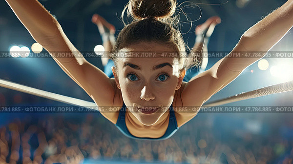 Active woman is hanging suspended in mid-air on a rope, showcasing balance and strength. Стоковое AI-изображение, AI-художник Данила Большаков / Фотобанк Лори