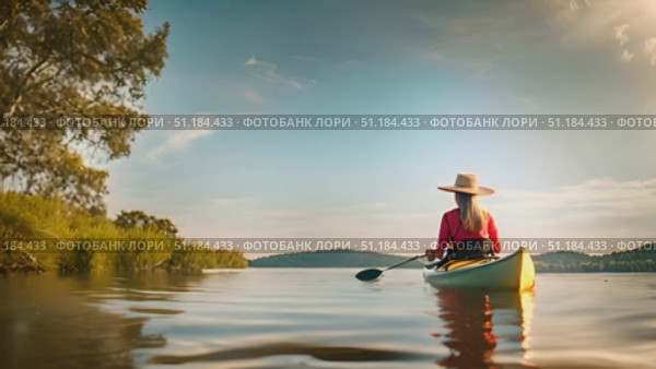 Active woman wearing a hat is seen paddling a canoe on a calm body of water. The woman is skillfully navigating the canoe with precise strokes, moving gracefully through the water. Стоковое AI-видео, аниматор Данила Большаков / Фотобанк Лори
