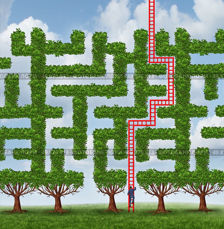 Adapt to change and finding creative solutions to difficult growing challenges as a group of trees as a maze or labyrinth and a businessman climbing a red ladder shaped as the solution to success. Стоковое фото, агентство Ingram Publishing / Фотобанк Лори