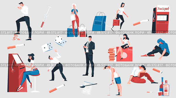 Addiction set with flat icons of addictive things and isolated human characters of faint hearted people vector illustration. Стоковая иллюстрация, агентство Ingram Publishing / Фотобанк Лори
