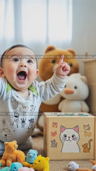 Adorable baby pointing upward surrounded by plush toys. Стоковое AI-видео, аниматор Юрий Поздников / Фотобанк Лори